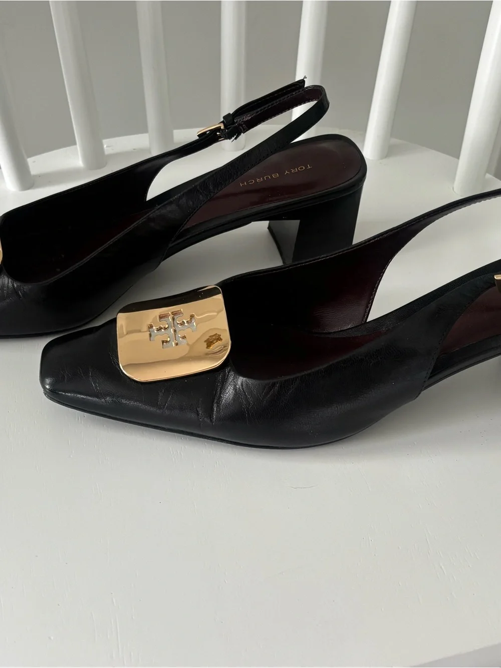 Tory Burch Black Leather Slingback Flats with Gold Logo Accent